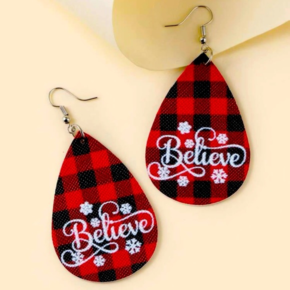 Plaid water drop hook earrings with Believe printed - Picture 1 of 4